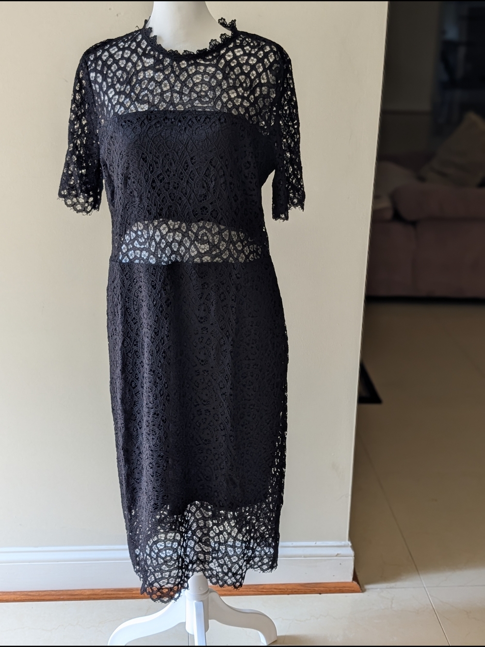 Black Lace Midi Dress - Elegant Women's Semi-Sheer Overlay
